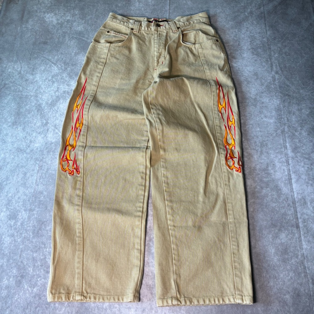 Y2K Pascali Wide Leg Skater Jeans Tan Flame Embroidered Baggy 32x29.5 RARE